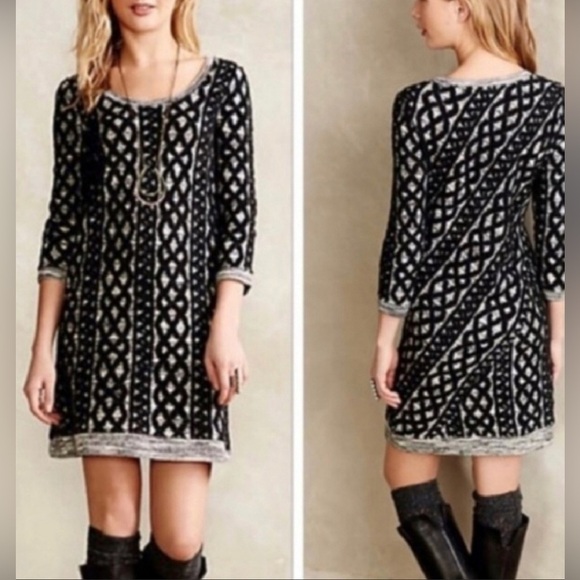 ANTHROPOLOGIE Moth Textured Pattern Sweater Dress SZ S Black Grey - Picture 1 of 9